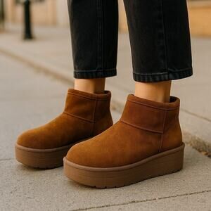 SO Classic Ultra Mini Platform Boots Womens 8 Slip On Faux Suede Chestnut S-1535